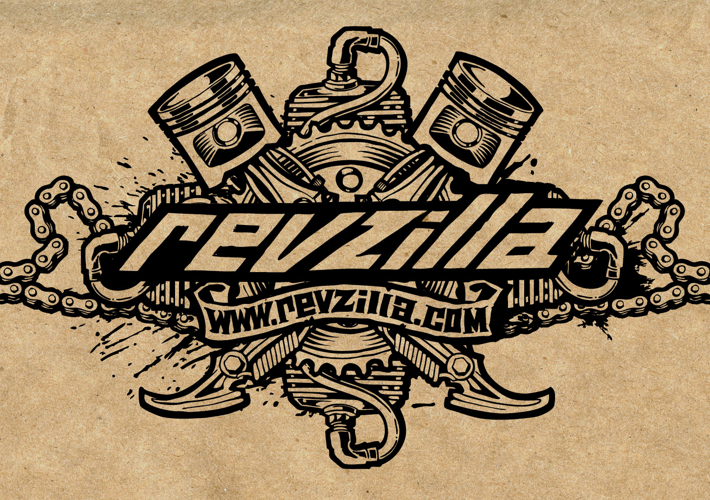 One color Revzilla logo on cardboard background