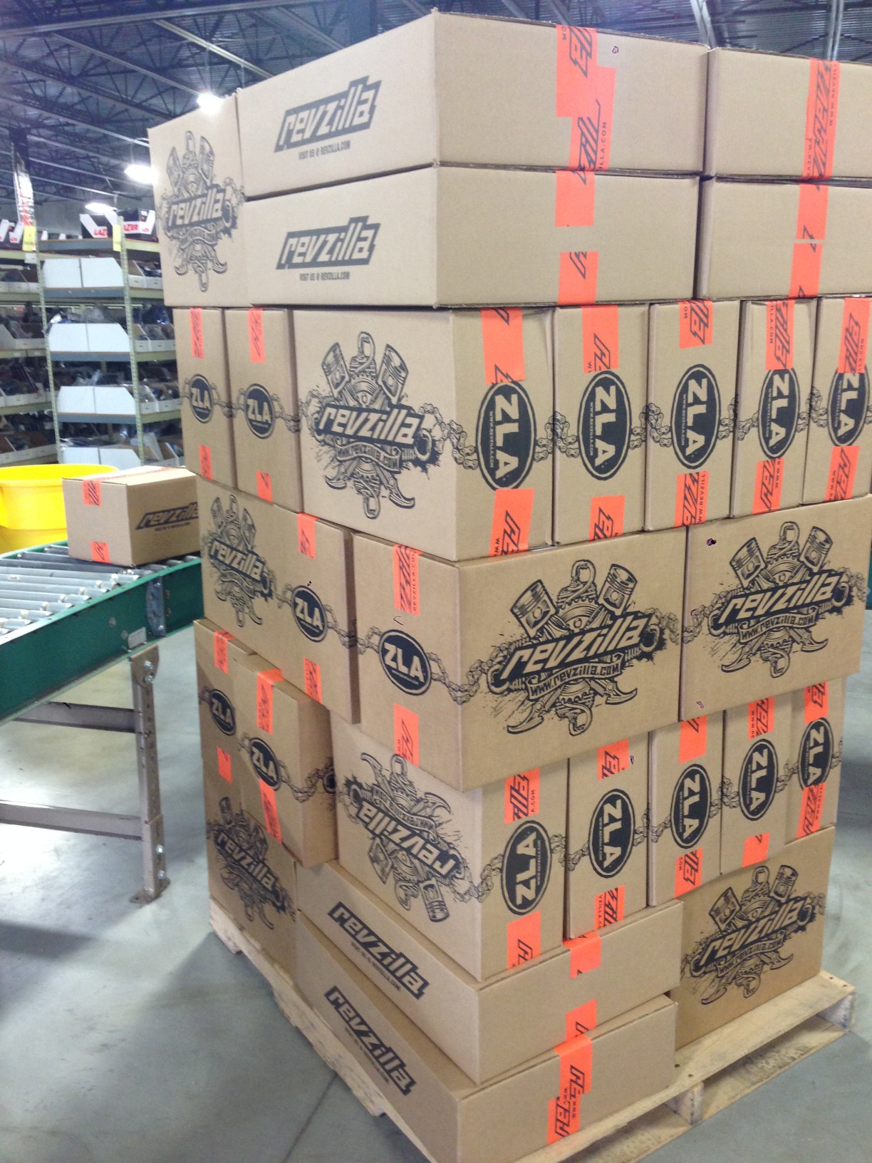 Revzilla Shipping cartons stacked on a palette